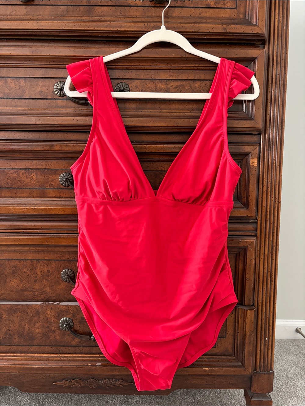 Deep V Red One-Piece Swimsuit with Ruffle Straps - Picture 2 of 5
